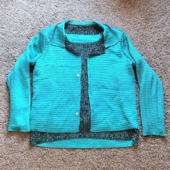 Women's Stretchy Popcorn Texture Reversible Tank & Button up Jacket Dark Teal - Picture 9 of 12